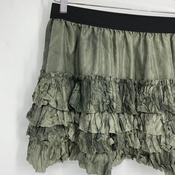 EDUN Green Silk Mini Skirt Tiered Ruffle Size Large - Picture 3 of 6